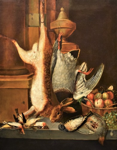 Jean-Baptiste Oudry "Nature Morte de gibier avec corbeille de fruits" - Tableaux et dessins Style Louis XV